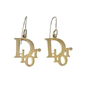 Christian Dior Vintage Gold Dangle Hook Large Oblique Spellout Big Logo Earrings